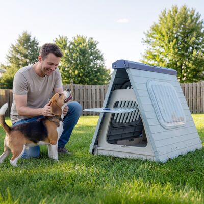 Costway Cuccia pieghevole in plastica per cani con porta bloccabile e finestre ventilate, Gabbia portatile impermeabile per cani piccoli e medi Blu Costway Cuccia pieghevole in plastica per cani con porta bloccabile e finestre ventilate, Gabbia portatile impermeabile per cani piccoli e medi Blu