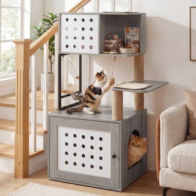 Costway Hsmobile lettiera gatti multilivello con ciotola cuccia piattaforme di attività tiragraffi e giocattoli, Armadietto per toilette nascosta in legno Gri Costway Hsmobile lettiera gatti multilivello con ciotola cuccia piattaforme di attività tiragraffi e giocattoli, Armadietto per toilette nascosta in legno Gri