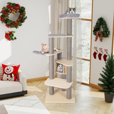 Costway Tiragraffi alto 197 cm torre gatti più livelli trespolo imbottito superiore, Condominio privato materassini staccabili pali graffiare amaca confortevo Costway Tiragraffi alto 197 cm torre gatti più livelli trespolo imbottito superiore, Condominio privato materassini staccabili pali graffiare amaca confortevo