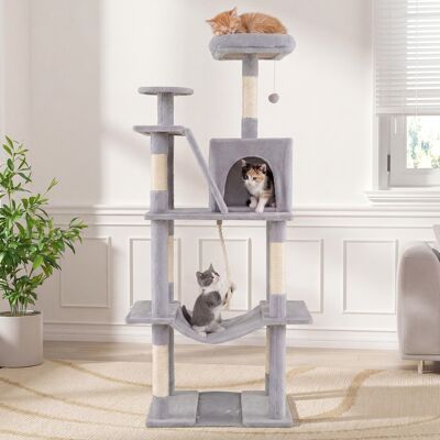 Costway Torre per gatti interno alta 158cm con tiragraffi in sisal e trespolo di peluche, Struttura grande per gattini con grotta amaca e giochi pendenti Grig Costway Torre per gatti interno alta 158cm con tiragraffi in sisal e trespolo di peluche, Struttura grande per gattini con grotta amaca e giochi pendenti Grig