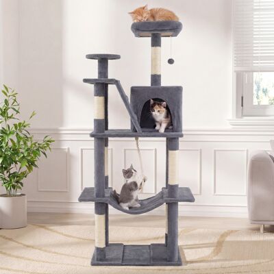 Costway Torre per gatti interno alta 158cm con tiragraffi in sisal e trespolo di peluche, Struttura grande per gattini con grotta amaca e giochi pendenti Grig Costway Torre per gatti interno alta 158cm con tiragraffi in sisal e trespolo di peluche, Struttura grande per gattini con grotta amaca e giochi pendenti Grig