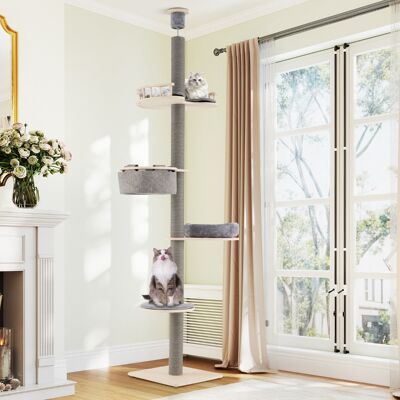 Costway Albero per gatti da pavimento a soffitto con altezza regolabile 236-271 cm amaca, Torre in legno a 5 livelli con ripiano Grigio Costway Albero per gatti da pavimento a soffitto con altezza regolabile 236-271 cm amaca, Torre in legno a 5 livelli con ripiano Grigio
