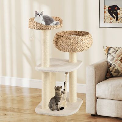 Costway Albero per gatti da interno con trespoli in sisal naturale, Lettini a forma di cesto con pallina appesa Bianco Costway Albero per gatti da interno con trespoli in sisal naturale, Lettini a forma di cesto con pallina appesa Bianco