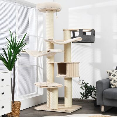 Costway Albero per gatti alto 197cm con nicchia in legno amache e cestello sospeso, Torre per gatti a più livelli Beige Costway Albero per gatti alto 197cm con nicchia in legno amache e cestello sospeso, Torre per gatti a più livelli Beige
