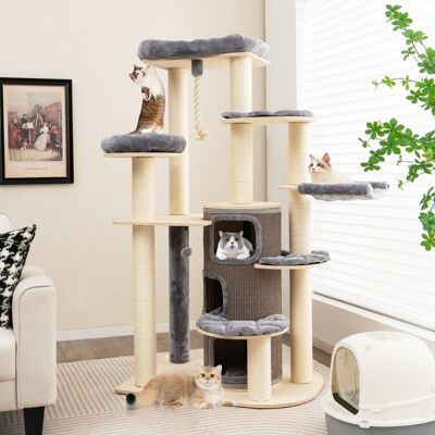 Costway Albero per gatti multi-livello con nicchia a 3 piani 2 cucce tiragraffi, Torre per gatti in legno da interno Grigio Costway Albero per gatti multi-livello con nicchia a 3 piani 2 cucce tiragraffi, Torre per gatti in legno da interno Grigio