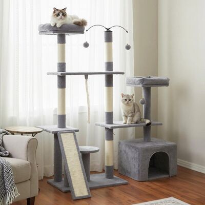 Costway Albero per gatti 136 cm casa giochi multilivello con tiragraffi rampa, Albero per gatti 2 posatoi imbottiti ampio condo Grigio chiaro Costway Albero per gatti 136 cm casa giochi multilivello con tiragraffi rampa, Albero per gatti 2 posatoi imbottiti ampio condo Grigio chiaro