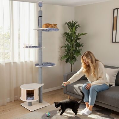 Costway Albero per gatti a soffitto torre per gatti in legno con altezza regolabile, Albero mobili da interno per gatti per arrampicata Costway Albero per gatti a soffitto torre per gatti in legno con altezza regolabile, Albero mobili da interno per gatti per arrampicata