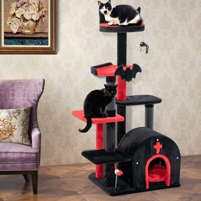 Costway Tiragraffi con letto per gatti condominio ad arco di attività per gatti a 6 livelli, Albero per gatti gotico per gatti di halloween Nero e rosso Costway Tiragraffi con letto per gatti condominio ad arco di attività per gatti a 6 livelli, Albero per gatti gotico per gatti di halloween Nero e rosso
