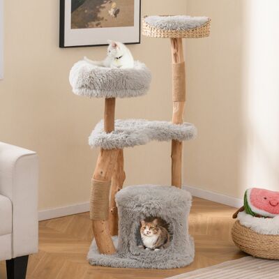 Costway Torre per gatti in legno massello con pali di corda di juta nicchia per gatti, Albero per gatti in legno alto 124 CM Grigio Costway Torre per gatti in legno massello con pali di corda di juta nicchia per gatti, Albero per gatti in legno alto 124 CM Grigio