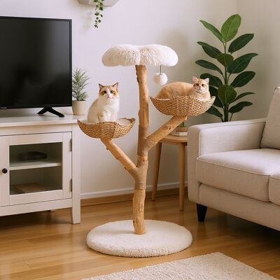 Costway Torre per gattini alta 122 CM con ramo in legno con piattaforma a fiore 2 cesti in rattan, Moderno albero per gatti Bianco Costway Torre per gattini alta 122 CM con ramo in legno con piattaforma a fiore 2 cesti in rattan, Moderno albero per gatti Bianco