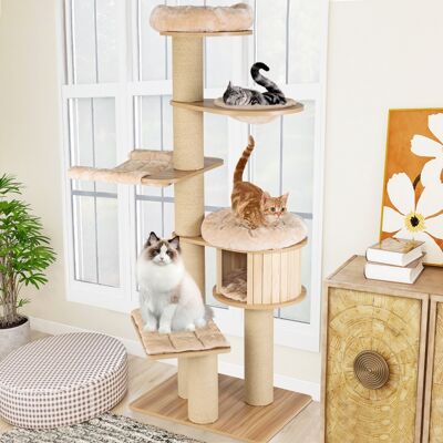Costway Albero tiragraffi per gatti moderno e alto, Albero per gatti multistrato con nicchia in legno trespolo Beige Costway Albero tiragraffi per gatti moderno e alto, Albero per gatti multistrato con nicchia in legno trespolo Beige