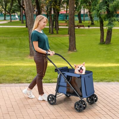 Costway Carrello pieghevole per animali domestici, Passeggino per cani e gatti a 4 ruote con lucernario tasche Blu scuro Costway Carrello pieghevole per animali domestici, Passeggino per cani e gatti a 4 ruote con lucernario tasche Blu scuro