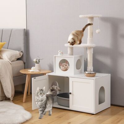 Costway Casa per lettiera per gatti in legno con torre pallina tintinnante divisorio, Mobile per gatti da interno Bianco Costway Casa per lettiera per gatti in legno con torre pallina tintinnante divisorio, Mobile per gatti da interno Bianco