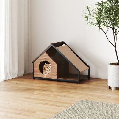Costway Casetta in legno per gatti da interno con veranda e stile industriale, Tetto inclinato staccabile e struttura in metallo Costway Casetta in legno per gatti da interno con veranda e stile industriale, Tetto inclinato staccabile e struttura in metallo