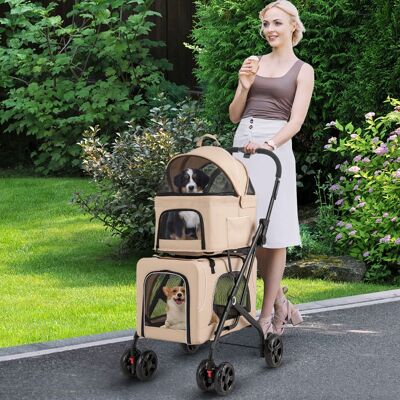 Costway Passeggino per animali a 2 posti per 2 cani o gatti con 2 trasportini rimovibili, Passeggino 3 in 1 pieghevole per cani Beige Costway Passeggino per animali a 2 posti per 2 cani o gatti con 2 trasportini rimovibili, Passeggino 3 in 1 pieghevole per cani Beige