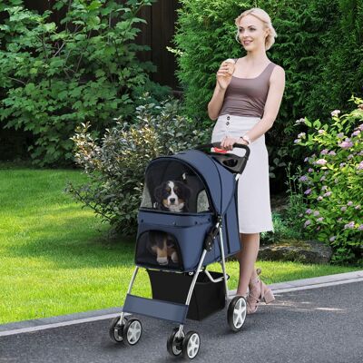 Costway Passeggino per animali domestici a 4 ruote con cestino portaoggetti, Trasportino da viaggio portatile Blu scuro Costway Passeggino per animali domestici a 4 ruote con cestino portaoggetti, Trasportino da viaggio portatile Blu scuro