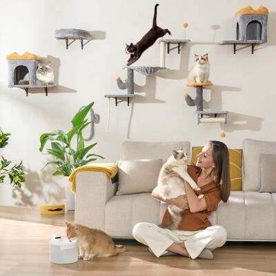 Costway Set torre per gatti da parete con piattaforme e 2 comode cuccie, Set albero per gatti salvaspazio Grigio Costway Set torre per gatti da parete con piattaforme e 2 comode cuccie, Set albero per gatti salvaspazio Grigio