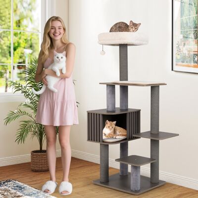Costway Mobile per arrampicata per gattini in legno con palla pompom appesa, Albero per gatti a 6 livelli da interno per gatti alta 151 cm Grigio Costway Mobile per arrampicata per gattini in legno con palla pompom appesa, Albero per gatti a 6 livelli da interno per gatti alta 151 cm Grigio