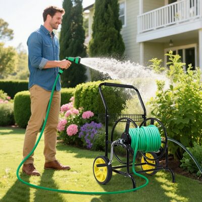 Costway Carrello avvolgitubo da giardino con 2 ruote e cestino portaoggetti, Carrello tubo da giardino per esterni e giardino Nero Costway Carrello avvolgitubo da giardino con 2 ruote e cestino portaoggetti, Carrello tubo da giardino per esterni e giardino Nero