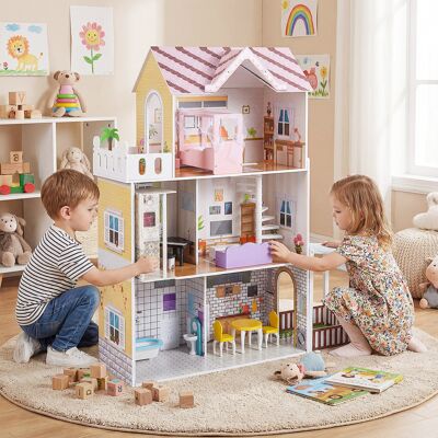 Costway Casa bambole legno 3 piani fai-da-te 16 accessori arredamento aperta, Casa bambole balcone giardino bambini bambine 3+ anni Costway Casa bambole legno 3 piani fai-da-te 16 accessori arredamento aperta, Casa bambole balcone giardino bambini bambine 3+ anni