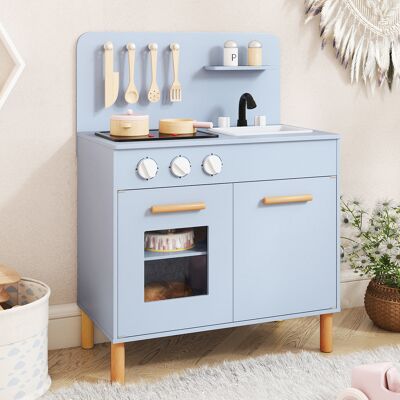 Costway Set da cucina per bambini in legno con luci e accessori da cucina, Gioco educativo con spazio di archiviazione Blu Costway Set da cucina per bambini in legno con luci e accessori da cucina, Gioco educativo con spazio di archiviazione Blu