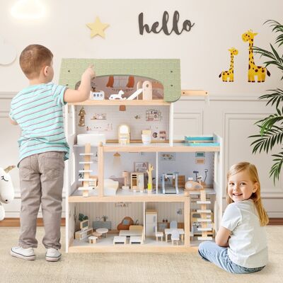Costway Casa dei giocattoli per bambini fai da te con 33 pezzi di mobili accessori, Casa delle bambole in legno per ragazzi e ragazze Verde chiaro Costway Casa dei giocattoli per bambini fai da te con 33 pezzi di mobili accessori, Casa delle bambole in legno per ragazzi e ragazze Verde chiaro