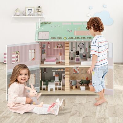 Costway Casa delle bambole in legno per bambini con tetti doppio lato e porte apribili, Giocattolo a 3 livelli per 3+ anni Rosa Costway Casa delle bambole in legno per bambini con tetti doppio lato e porte apribili, Giocattolo a 3 livelli per 3+ anni Rosa