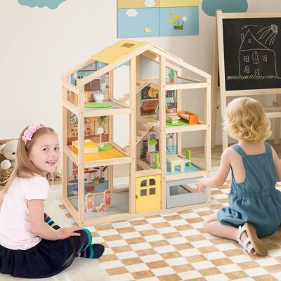 Costway Casa delle famiglie moderne con mobili e figure con garage e porta apribile, Casa delle bambole in legno per bambini Naturale Costway Casa delle famiglie moderne con mobili e figure con garage e porta apribile, Casa delle bambole in legno per bambini Naturale
