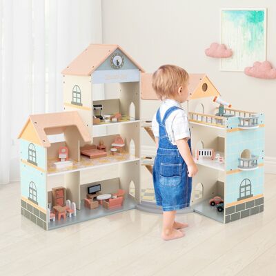 Costway Casa delle bambole con tetto arancione con 41 mobili e accessori, Casetta delle bambole ad angolo in legno Costway Casa delle bambole con tetto arancione con 41 mobili e accessori, Casetta delle bambole ad angolo in legno