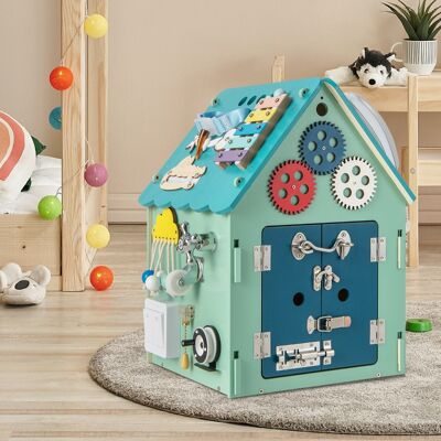 Costway Casa giocattolo in legno degli ingranaggi, Montessori con giochi sensoriali e spazio interno per bambini Blu Costway Casa giocattolo in legno degli ingranaggi, Montessori con giochi sensoriali e spazio interno per bambini Blu