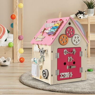 Costway Casa giocattolo in legno degli ingranaggi, Montessori con giochi sensoriali e spazio interno per bambini Rosa Costway Casa giocattolo in legno degli ingranaggi, Montessori con giochi sensoriali e spazio interno per bambini Rosa