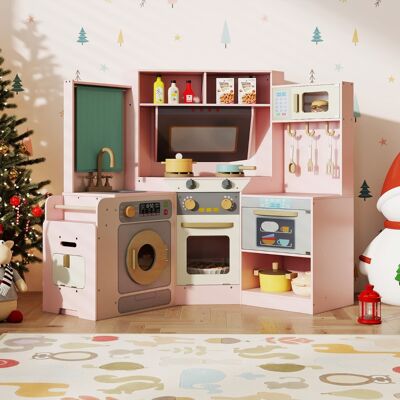 Costway Cucina ad angolo con luci e suoni set di gioco in legno pattumiera estraibile, Cucina angolo lavatrice e accessori ricchi Rosa Costway Cucina ad angolo con luci e suoni set di gioco in legno pattumiera estraibile, Cucina angolo lavatrice e accessori ricchi Rosa