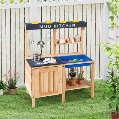 Costway Cucina da esterno per bambini da 3 a 8 anni 2 ripiani di stoccaggio, Cucina giocattolo in legno con lavello removibile Naturale Costway Cucina da esterno per bambini da 3 a 8 anni 2 ripiani di stoccaggio, Cucina giocattolo in legno con lavello removibile Naturale