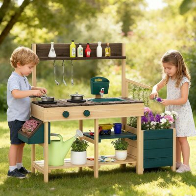 Costway Cucina da esterno in legno per bambini 3-8 anni con accessori realistici, Cucina da gioco con cassettiera per piante Verde scuro Costway Cucina da esterno in legno per bambini 3-8 anni con accessori realistici, Cucina da gioco con cassettiera per piante Verde scuro