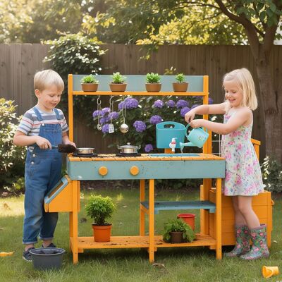 Costway Cucina da esterno in legno per bambini 3-8 anni con accessori realistici, Cucina da gioco con cassettiera per piante Giallo Costway Cucina da esterno in legno per bambini 3-8 anni con accessori realistici, Cucina da gioco con cassettiera per piante Giallo
