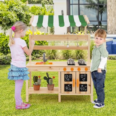 Costway Cucina da gioco in legno di abete con telo protettivo, Set da gioco per bambini con lavello rimovibile Naturale Costway Cucina da gioco in legno di abete con telo protettivo, Set da gioco per bambini con lavello rimovibile Naturale