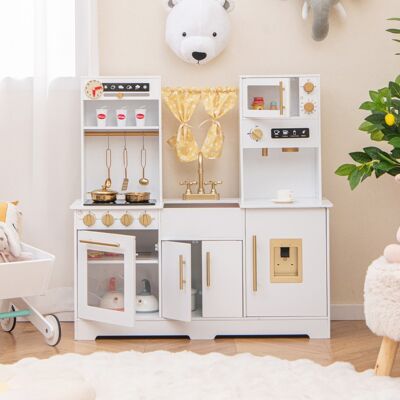 Costway Cucina da gioco per bambini dai 3+ anni con macchina da caffè lavello rubinetto e fornelli, Set di accessori in legno Bianco Costway Cucina da gioco per bambini dai 3+ anni con macchina da caffè lavello rubinetto e fornelli, Set di accessori in legno Bianco