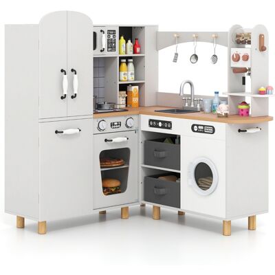 Costway Cucina giocattolo ad angolo per bambini set cucina in legno con frigorifero a doppia porta, Cucina giocattolo con contenitori in tessuto e 12 accessor Costway Cucina giocattolo ad angolo per bambini set cucina in legno con frigorifero a doppia porta, Cucina giocattolo con contenitori in tessuto e 12 accessor