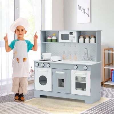 Costway Cucina giocattolo in legno per bambini con utensili accessori lavandino telefono, Set di cucina finta Grigio Costway Cucina giocattolo in legno per bambini con utensili accessori lavandino telefono, Set di cucina finta Grigio