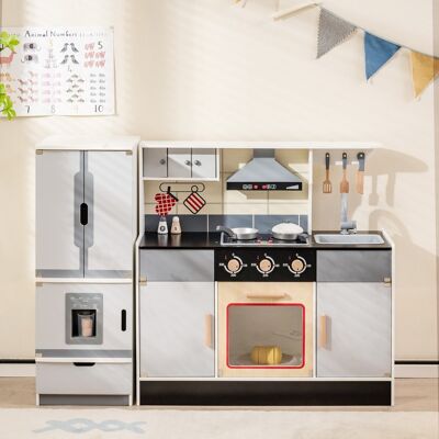 Costway Cucina giocattolo in legno con frigorifero e fornelli, Set da cucina per bambini 3 anni+ con forno e 3 scomparti Costway Cucina giocattolo in legno con frigorifero e fornelli, Set da cucina per bambini 3 anni+ con forno e 3 scomparti