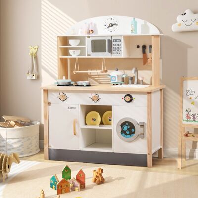 Costway Cucina giocattolo per bambini con forno a microonde e lavatrice in legno, Set da cucina per giochi di finzione Costway Cucina giocattolo per bambini con forno a microonde e lavatrice in legno, Set da cucina per giochi di finzione