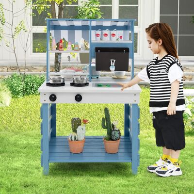 Costway Cucina giochi in legno a doppia faccia con lavandino vaschetta per l'acqua, Set di cucina per bambini dai 3+ anni Blu Costway Cucina giochi in legno a doppia faccia con lavandino vaschetta per l'acqua, Set di cucina per bambini dai 3+ anni Blu