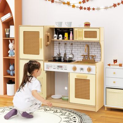 Costway Set cucina giocattolo per bambini con accessori ricchi e ante in rattan, Cucina in legno ideale per bambini da 3+ anni Giallo Costway Set cucina giocattolo per bambini con accessori ricchi e ante in rattan, Cucina in legno ideale per bambini da 3+ anni Giallo