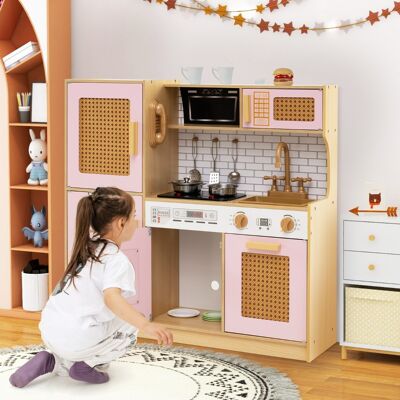 Costway Set cucina giocattolo per bambini con accessori ricchi e ante in rattan, Cucina in legno ideale per bambini da 3+ anni Rosa Costway Set cucina giocattolo per bambini con accessori ricchi e ante in rattan, Cucina in legno ideale per bambini da 3+ anni Rosa
