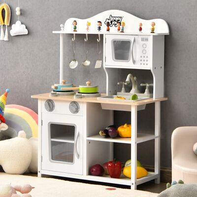 Costway Cucina giocattolo di legno per bambini con lavello e fornello, Set cucina finta con pentole e utensili Bianco Costway Cucina giocattolo di legno per bambini con lavello e fornello, Set cucina finta con pentole e utensili Bianco