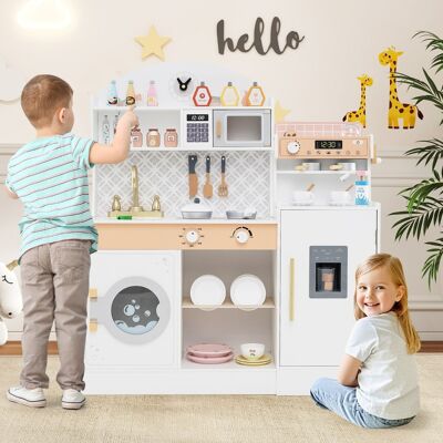 Costway Set cucina per bambini con spazio di conservazione, Cucina in legno per gioco di cucina con accessori Bianco Costway Set cucina per bambini con spazio di conservazione, Cucina in legno per gioco di cucina con accessori Bianco