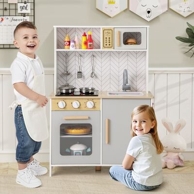 Costway Set da cucina per bambini in legno con luci e accessori pratici, Gioco educativo per bambini 3+ anni Bianco Costway Set da cucina per bambini in legno con luci e accessori pratici, Gioco educativo per bambini 3+ anni Bianco