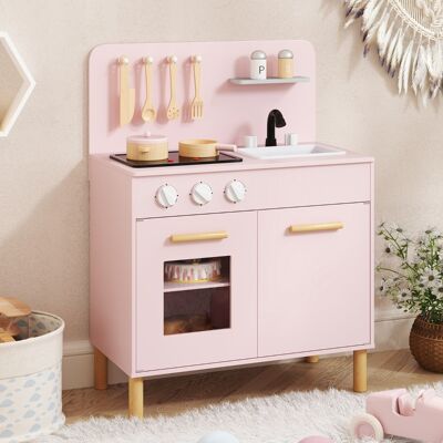 Costway Set da cucina per bambini in legno con luci e accessori da cucina, Gioco educativo con spazio di archiviazione Rosa Costway Set da cucina per bambini in legno con luci e accessori da cucina, Gioco educativo con spazio di archiviazione Rosa