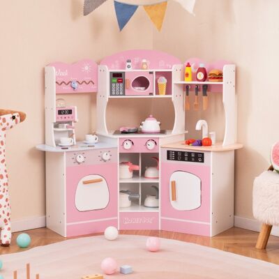 Costway Cucina giocattolo angolare in legno con macchina del caffè, Set cucina con luci e suoni per Bambini 3+ Anni Rosa Costway Cucina giocattolo angolare in legno con macchina del caffè, Set cucina con luci e suoni per Bambini 3+ Anni Rosa