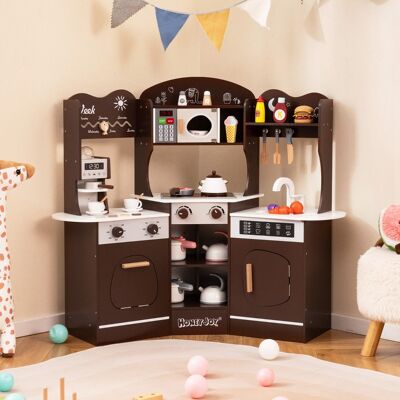 Costway Cucina giocattolo angolare in legno con macchina del caffè, Set cucina con luci e suoni per Bambini 3+ Anni Marrone Costway Cucina giocattolo angolare in legno con macchina del caffè, Set cucina con luci e suoni per Bambini 3+ Anni Marrone